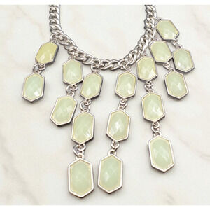Statement Bib Necklace Green Faceted Resin Stones Silver Tone Chunky Chain